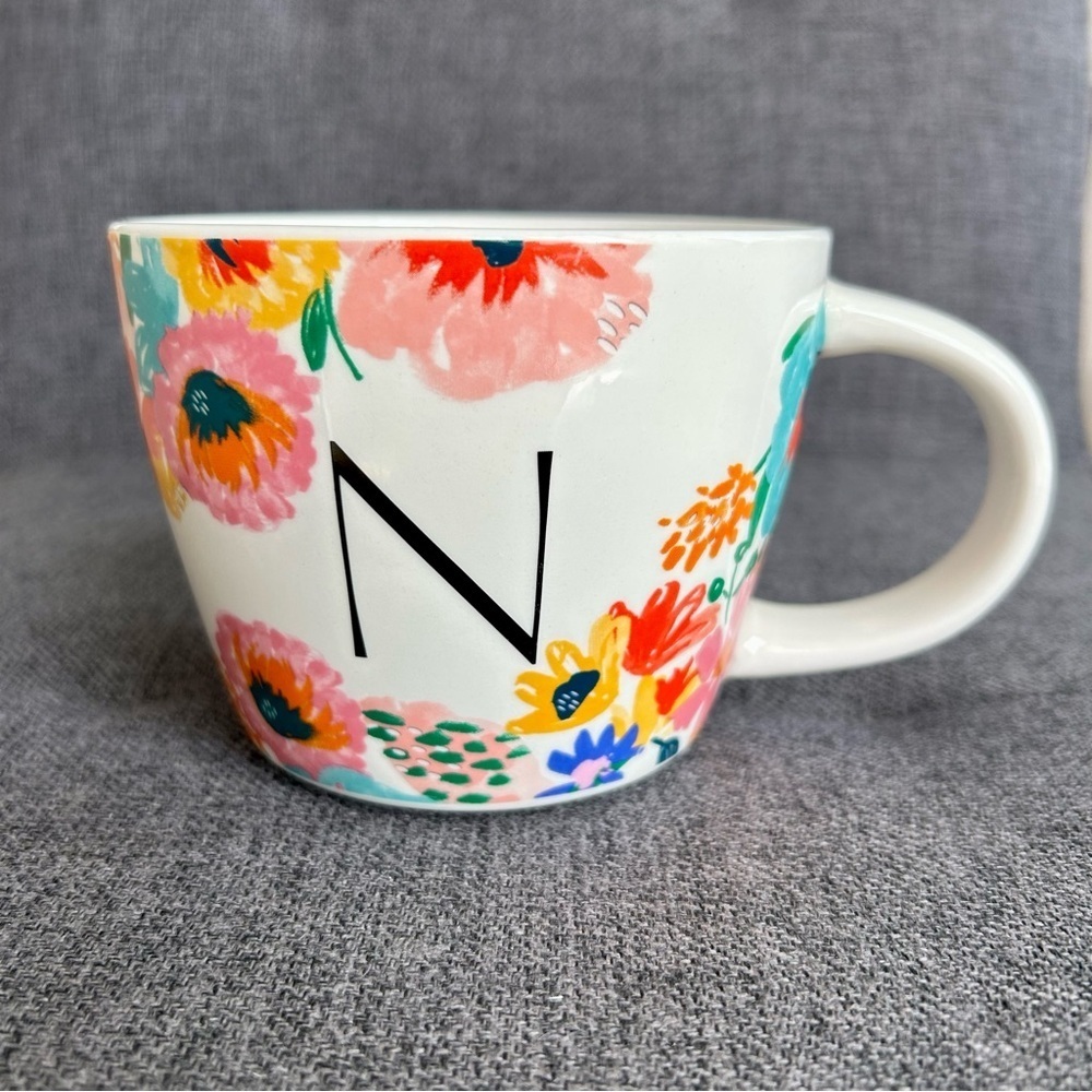 Floral N Initial Mug White Black Pink Blue Yellow 16 oz